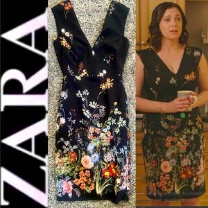 ZARA BLACK FLORAL SLEEVELESS PENCIL MIDI COCKTAIL DRESS AS SEEN ON TV